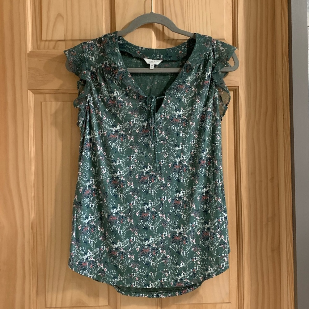 Lucky Brand Green Floral Short Sleeveless Shirt, Size Medium